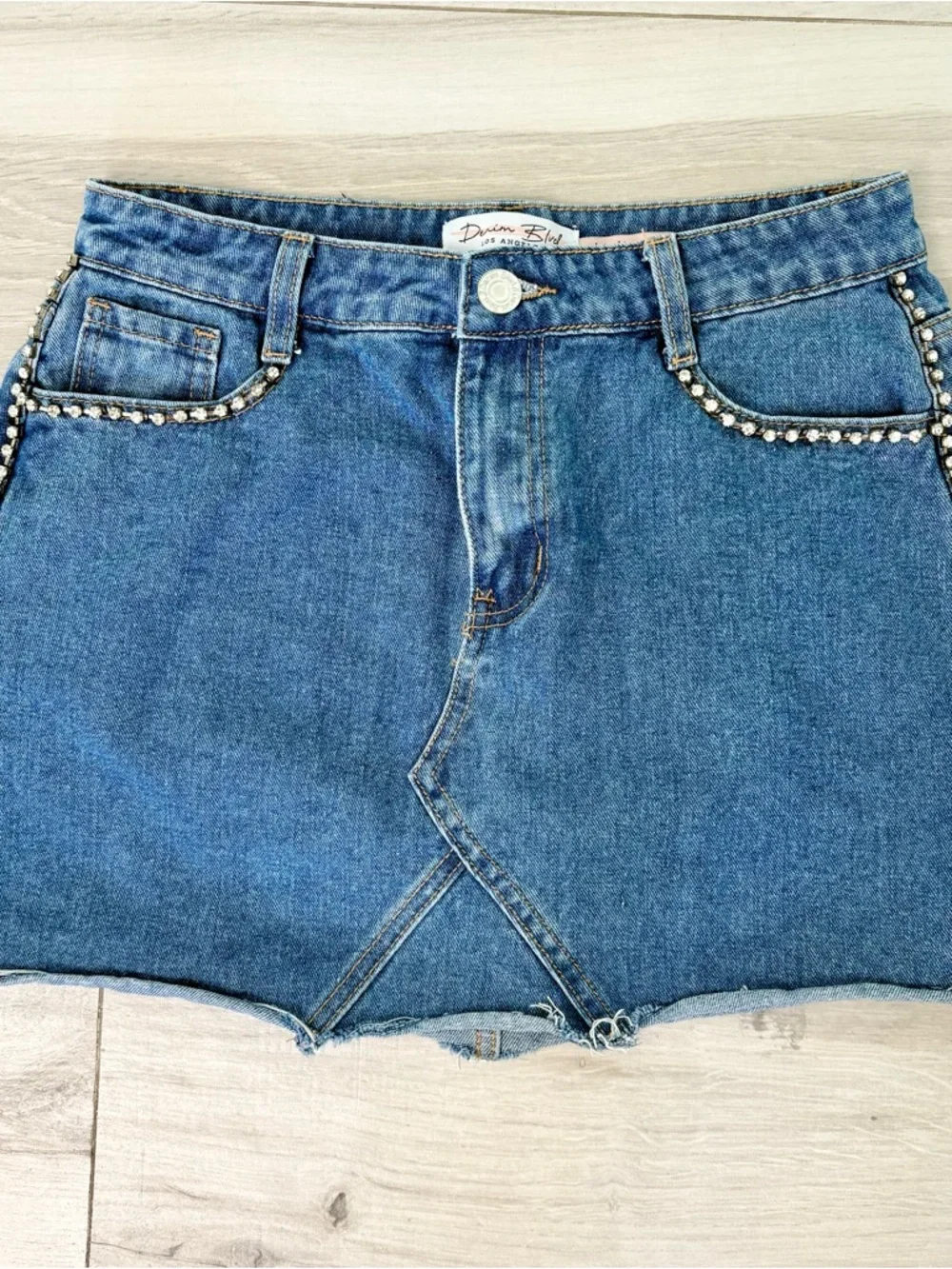 Denim Blue Rhinestone Mini Skirt - Picture 1 of 7